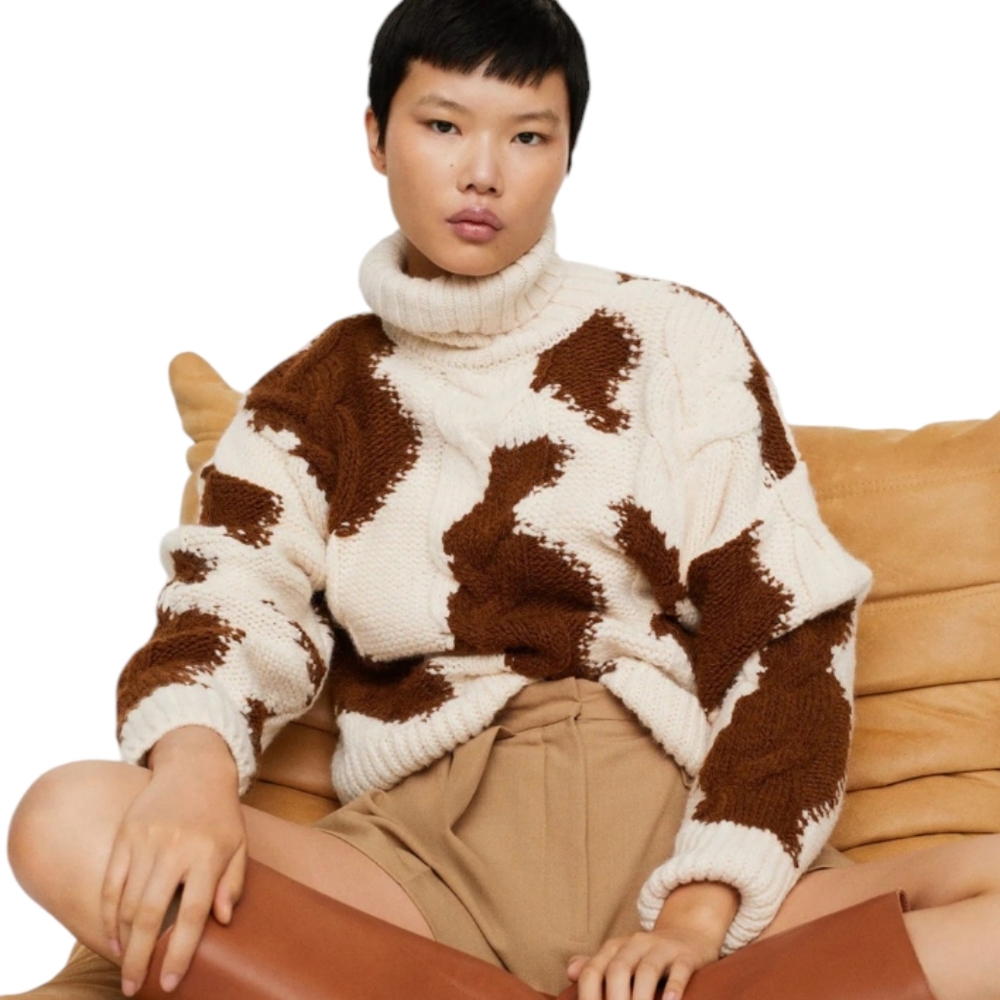 Mango Cream and Brown Turtleneck Sweater